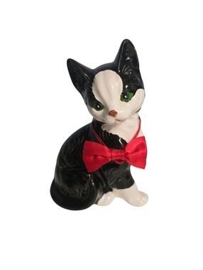 Vintage 1988 Enesco Black and White Cat Kitten with Red Bow Tie 5" * READ*